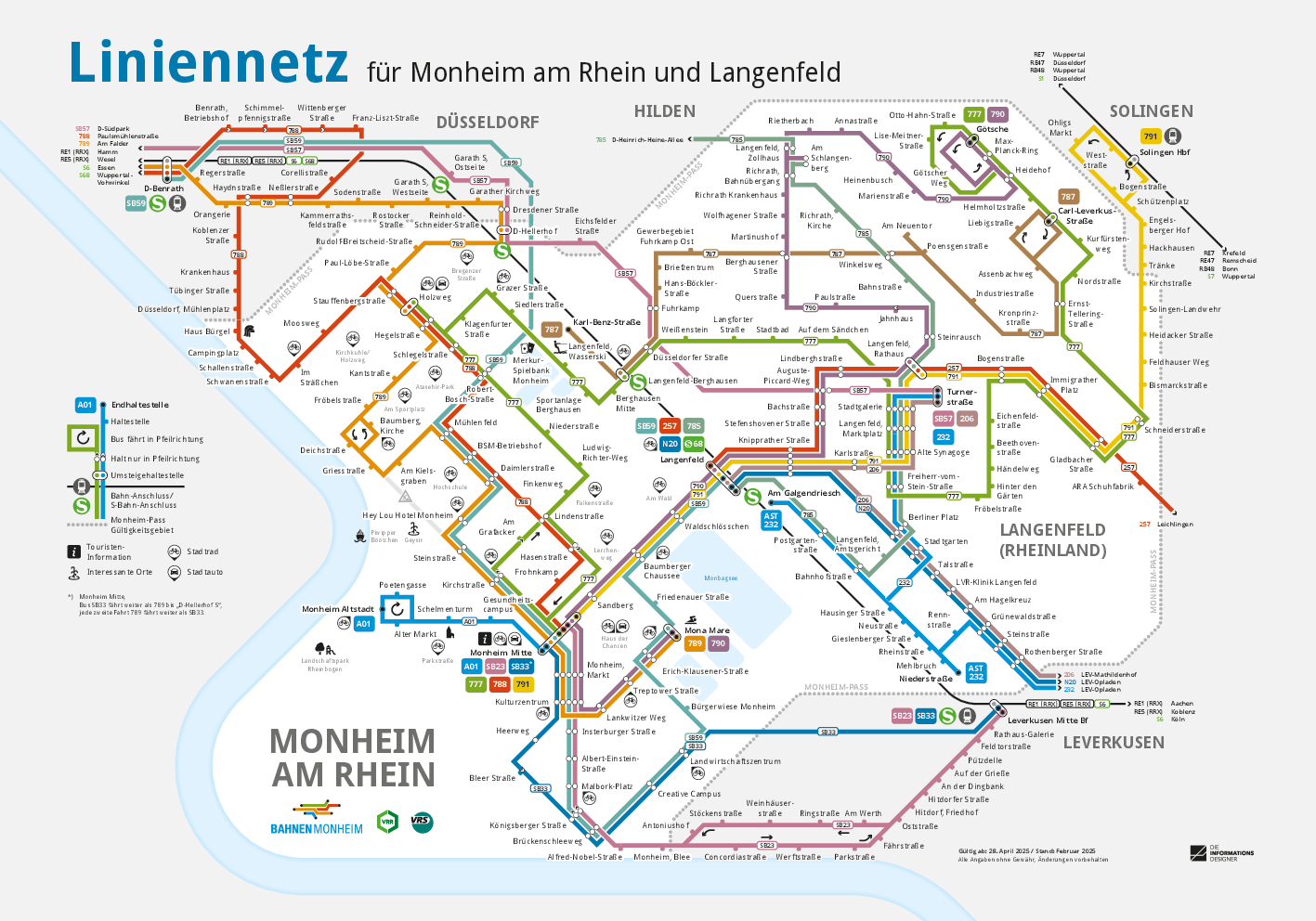Liniennetzplan Monheim und Langenfeld stilisierte Liniennetzkarte von den Buslinien und Stadtrad-Stationen in Monheim am Rhein und Langenfeld
